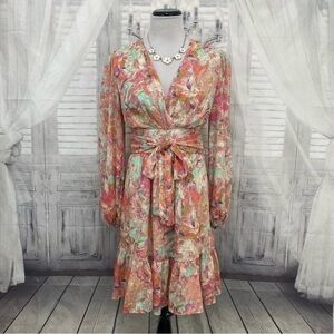 Alex Marie Pink Teal Simone Floral Puff Long Sleeve Tiered A-Line V-neck Dress